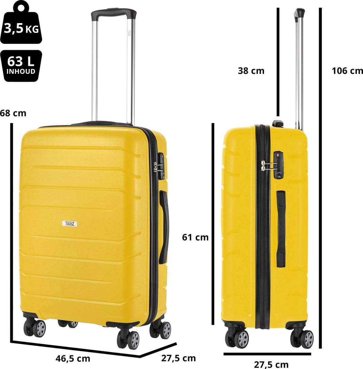 TravelZ Big Bars Reiskoffer 68 Cm Met Dubbele Wielen - Trolley Koffer Met TSA-slot - Geel - Afbeelding 7