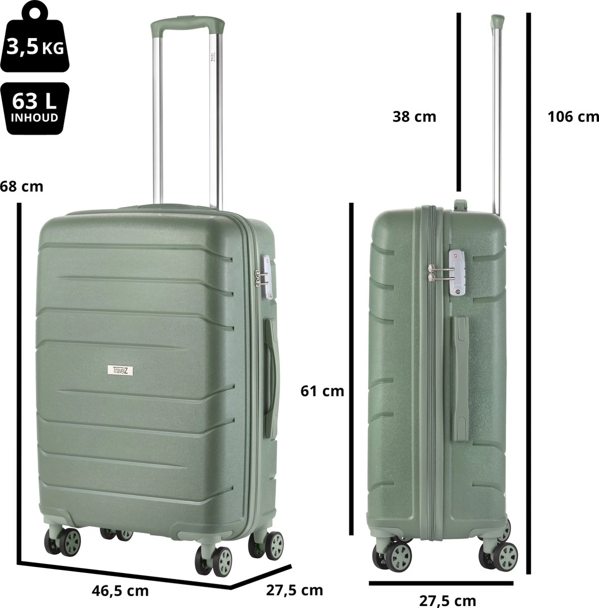 TravelZ Big Bars Reiskoffer 68 Cm Met Dubbele Wielen - Trolley Koffer Met TSA-slot - Olijf - Afbeelding 5
