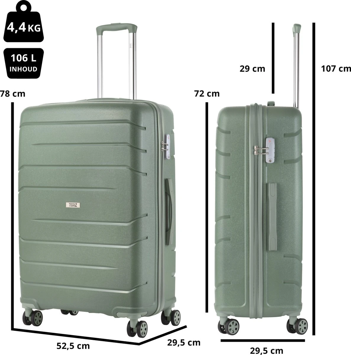 TravelZ Big Bars Reiskoffer 78 Cm Met Dubbele Wielen - Trolley Koffer Met TSA-slot - Olijf - Afbeelding 7