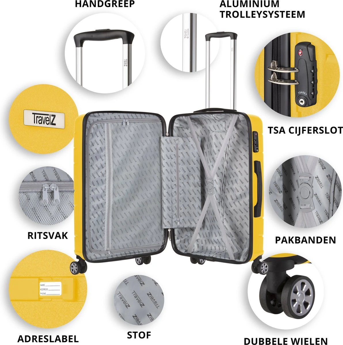 TravelZ Big Bars Reiskoffer 68 Cm Met Dubbele Wielen - Trolley Koffer Met TSA-slot - Geel - Afbeelding 4