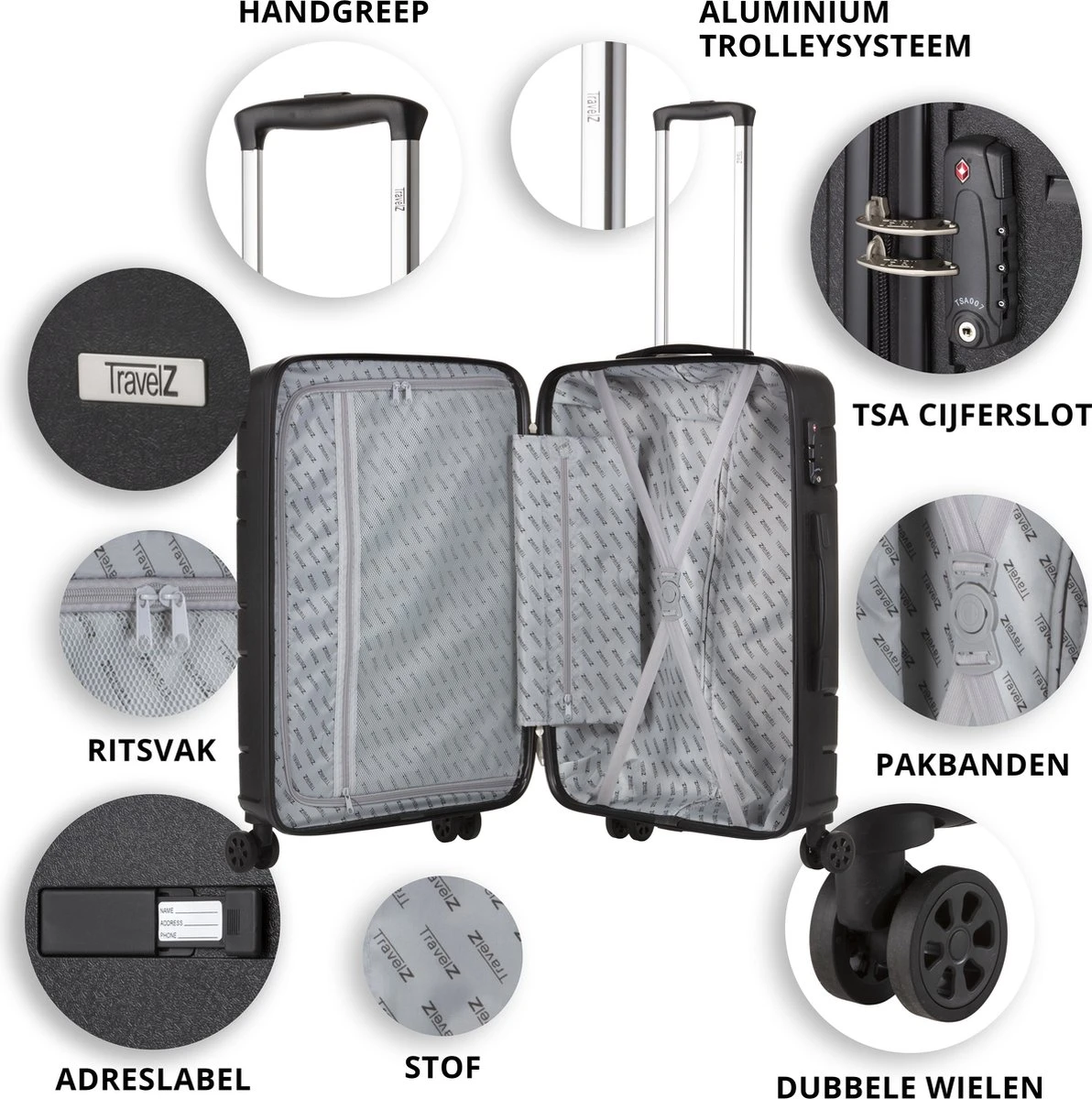 TravelZ Big Bars Kofferset - Trolleyset TSA 2-delig - Handbagage En Groot - Zwart - Afbeelding 4