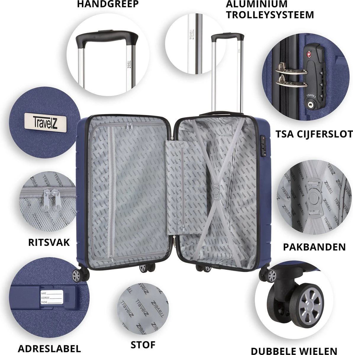 TravelZ Big Bars Kofferset - Trolleyset TSA 2-delig - Handbagage En Groot - Blauw - Afbeelding 3
