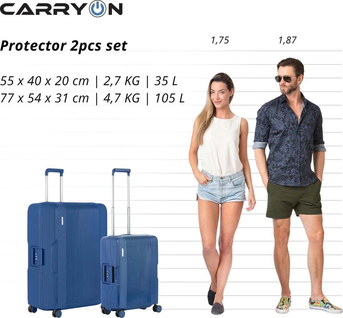 CarryOn Protector Luxe 2-delige Kofferset - TSA Trolleyset Handbagage En Groot - Kliksloten - Ultralicht - Blauw - Afbeelding 6