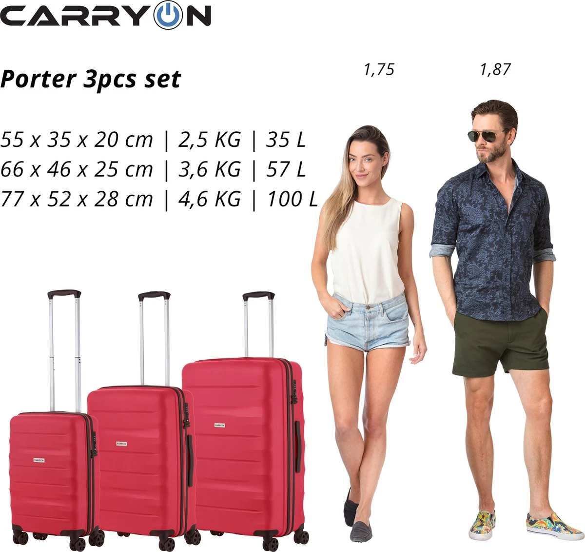 CarryOn Porter ® Kofferset - TSA Trolleyset 3-delig Met OKOBAN - Dubbele Wielen - Rood - Afbeelding 5