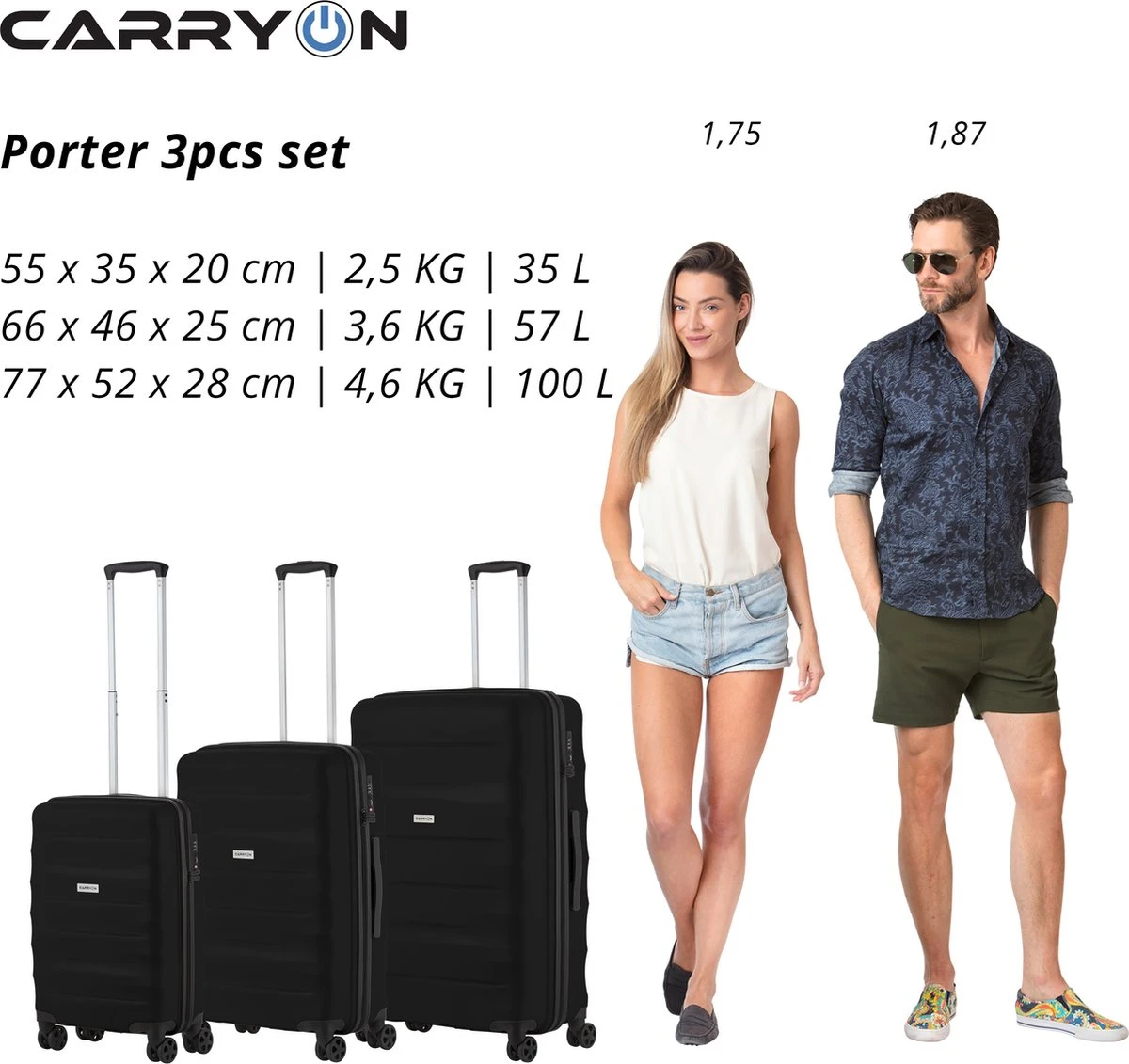 CarryOn Porter ® Kofferset - TSA Trolleyset 3-delig Met OKOBAN - Dubbele Wielen - Zwart - Afbeelding 5