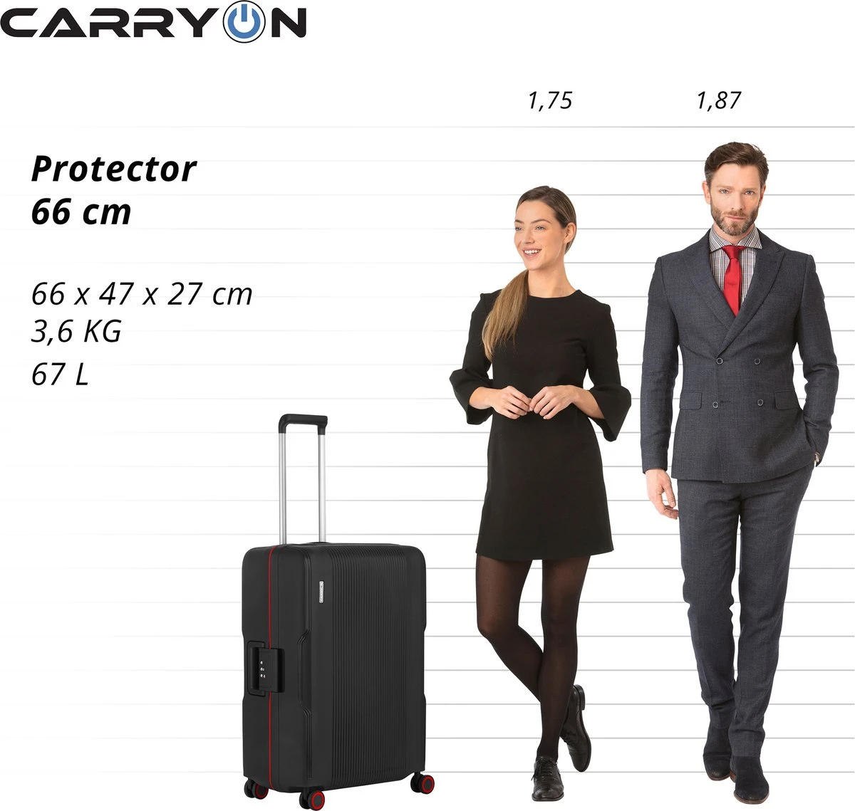 CarryOn Protector Luxe Reiskoffer - Trolley 66cm Met TSA-klikslot En OKOBAN - Ultrasterk - Zwart - Afbeelding 6