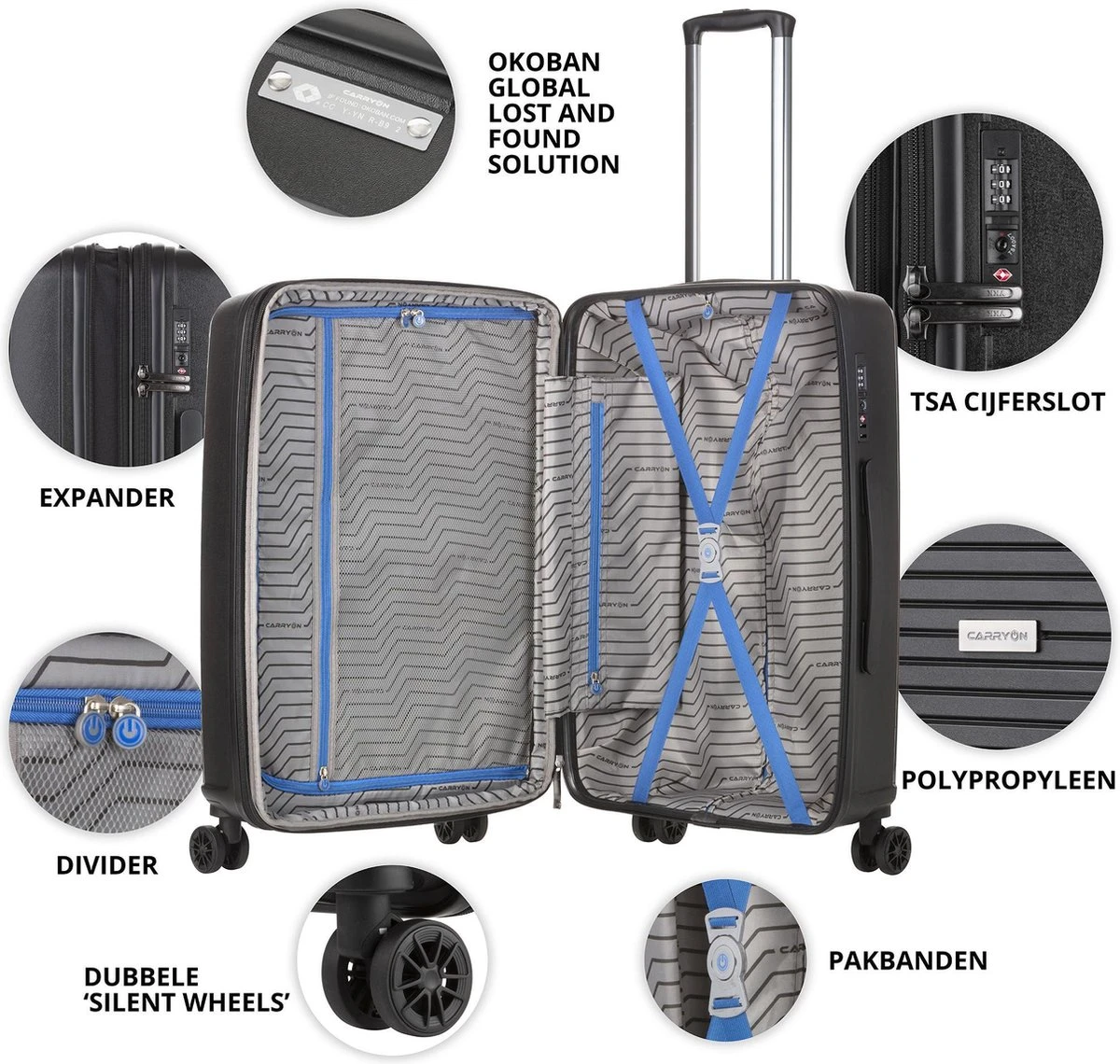 CarryOn Transport TSA Reiskoffer - Trolley 67cm Met Expander - OKOBAN - YKK Ritsen - Dubbele Wielen - Zwart - Afbeelding 4