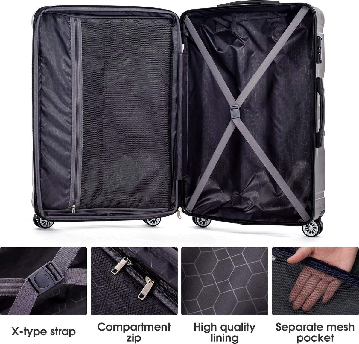 Merax 3-delig Kofferset Met TSA Slot - Trolleyset ABS 40L, 70L & 110 Liter - Grijs - Afbeelding 2