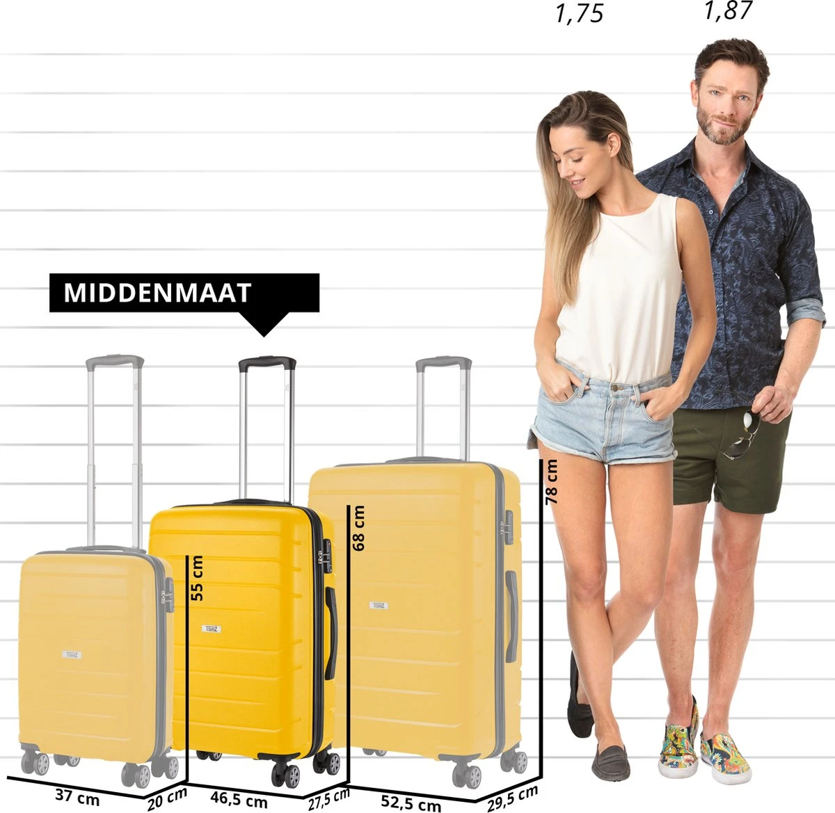 TravelZ Big Bars Reiskoffer 68 Cm Met Dubbele Wielen - Trolley Koffer Met TSA-slot - Geel - Afbeelding 2