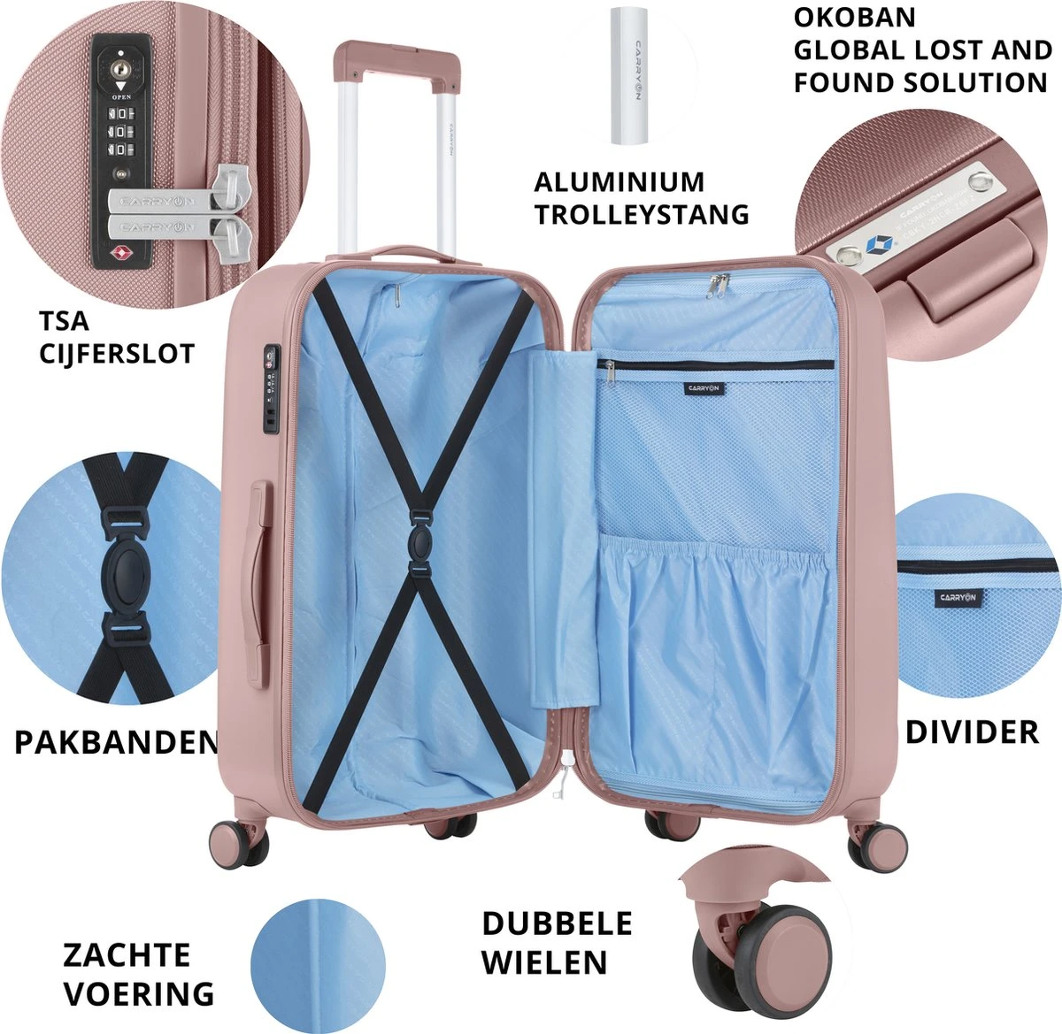 CarryOn Skyhopper Reiskoffer - 78cm TSA Trolley Met OKOBAN - Dubbele Wielen - Old Pink - Afbeelding 4