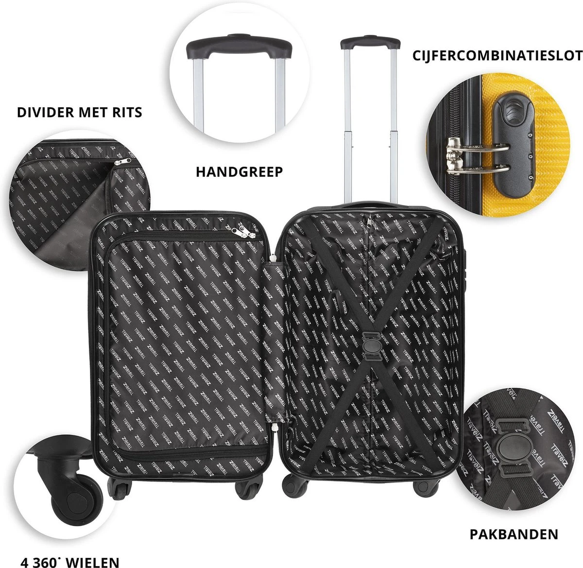 TravelZ Horizon Handbagagekoffer - 54cm Handbagage Trolley Met Gevoerde Binnenkant - Geel - Afbeelding 3