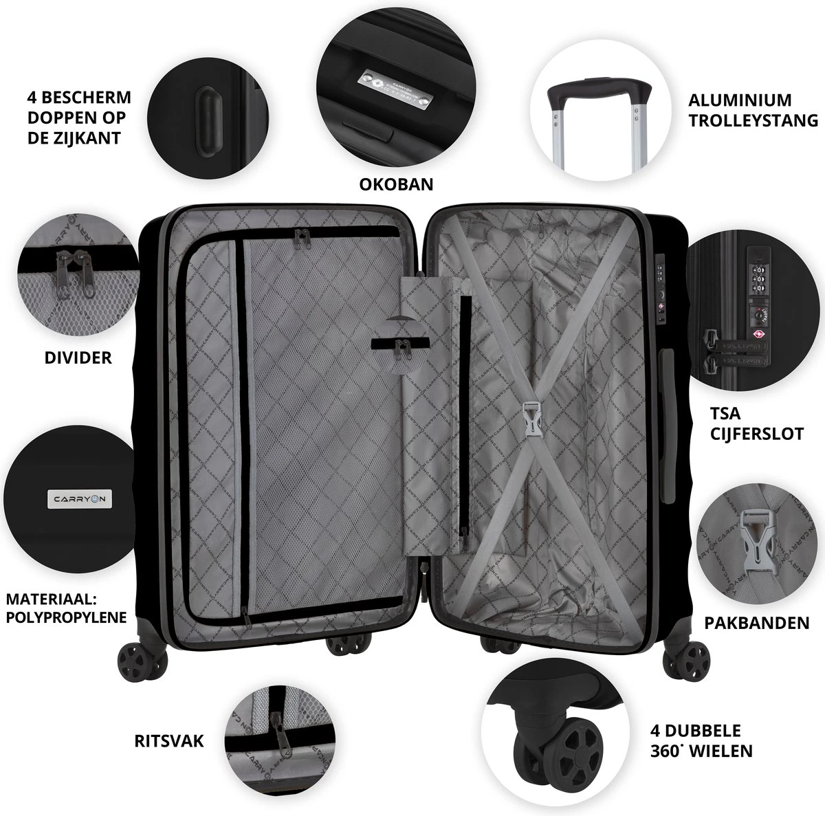 CarryOn Porter ® Kofferset - TSA Trolleyset 3-delig Met OKOBAN - Dubbele Wielen - Zwart - Afbeelding 3