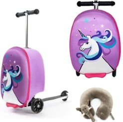 Kinderstep | Reiskoffer Met Wielen - FDBW - Koffer Kinderen | Paarse Eenhoorn | Step Met 3 Wielen - Bouncy Box 50 Kilo 40x20x25 Cm + Nekkussen Vliegtuig