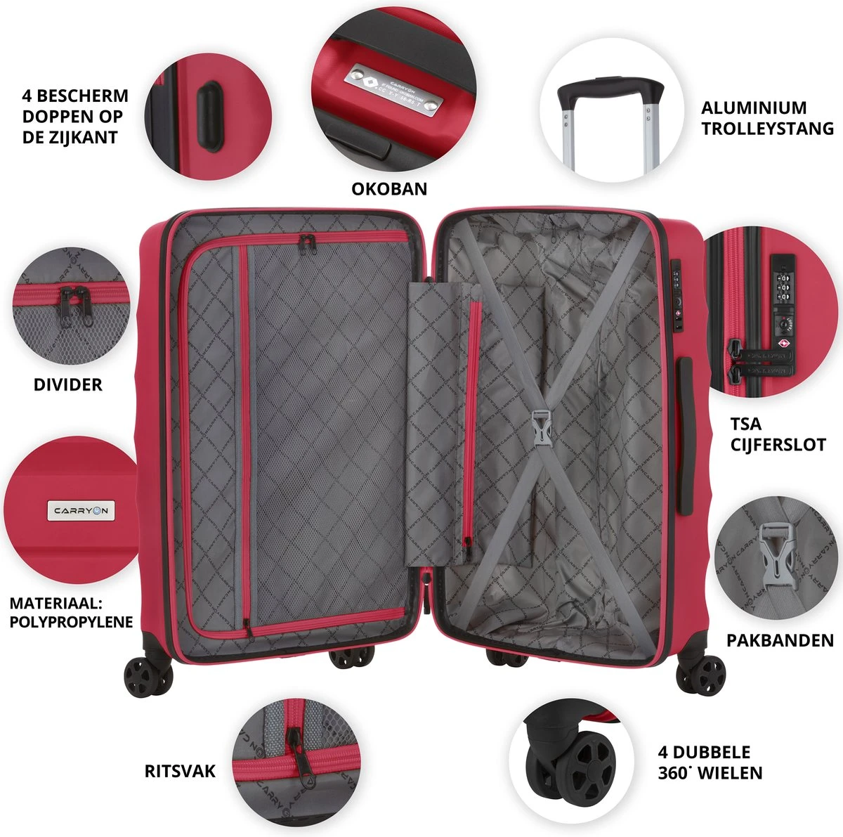 CarryOn Porter ® Reiskoffer - 66cm Trolley Met TSA-slot - OKOBAN Registratie - Rood - Afbeelding 2