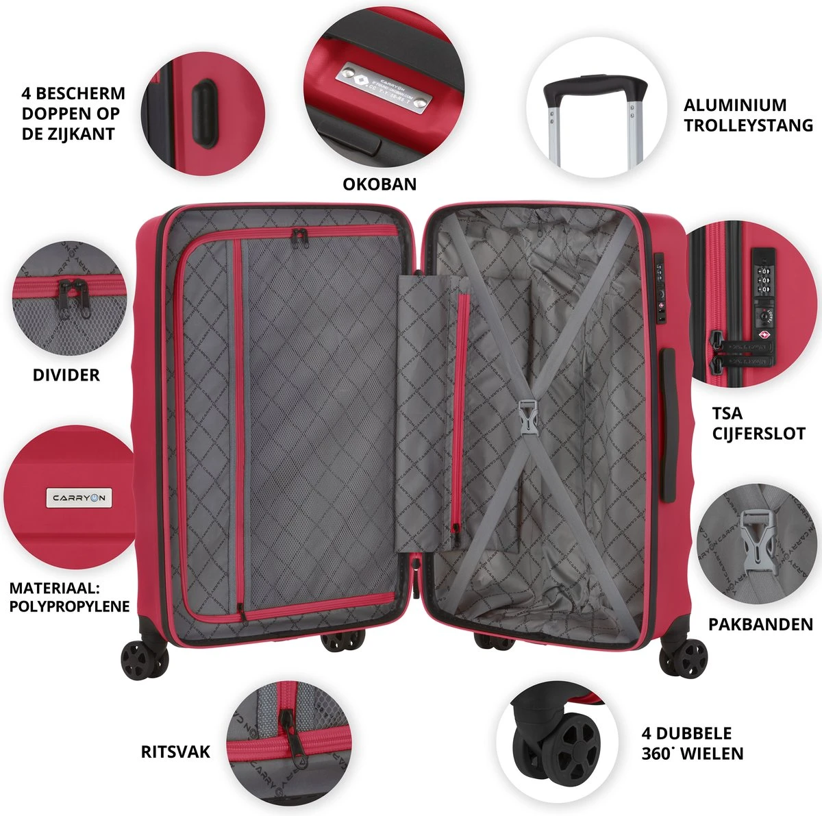 CarryOn Porter ® Kofferset - TSA Trolleyset 3-delig Met OKOBAN - Dubbele Wielen - Rood - Afbeelding 4