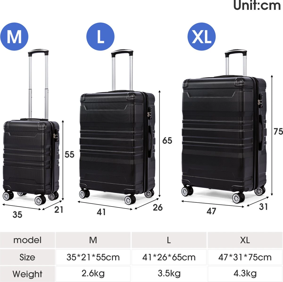 Merax 3-delig Kofferset Met TSA Slot - Trolleyset ABS 40L, 70L & 110 Liter - Zwart - Afbeelding 7
