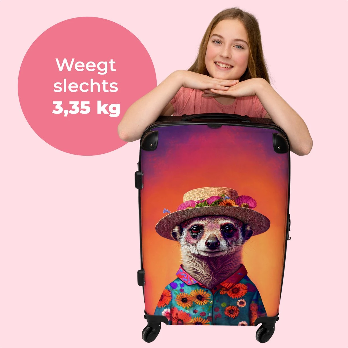 NoBoringSuitcases.com® Koffer Groot - Meerkat - Bloemen - Hoed - Dieren - Portret - Trolley Koffer Met TSA-slot - Met Wielen - 90 Liter - Reiskoffer - 66 Cm - Afbeelding 2