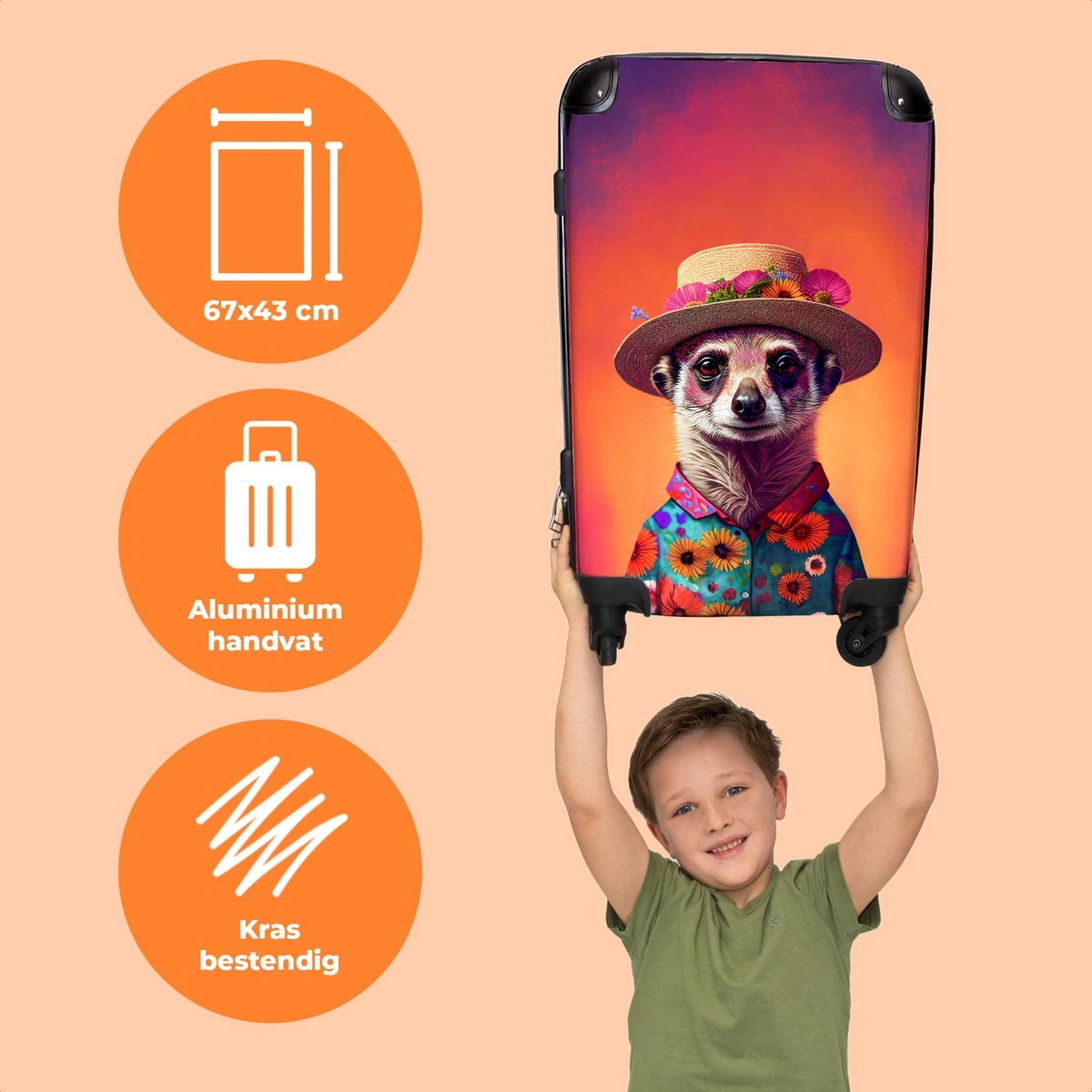NoBoringSuitcases.com® Koffer Groot - Meerkat - Bloemen - Hoed - Dieren - Portret - Trolley Koffer Met TSA-slot - Met Wielen - 90 Liter - Reiskoffer - 66 Cm - Afbeelding 3