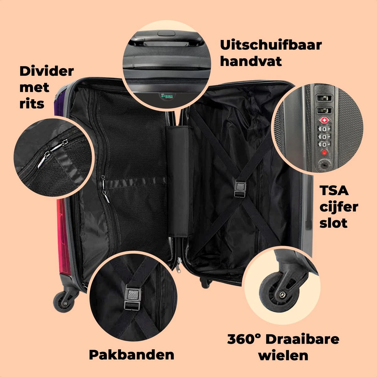 NoBoringSuitcases.com® Koffer Groot - Meerkat - Bloemen - Hoed - Dieren - Portret - Trolley Koffer Met TSA-slot - Met Wielen - 90 Liter - Reiskoffer - 66 Cm - Afbeelding 4