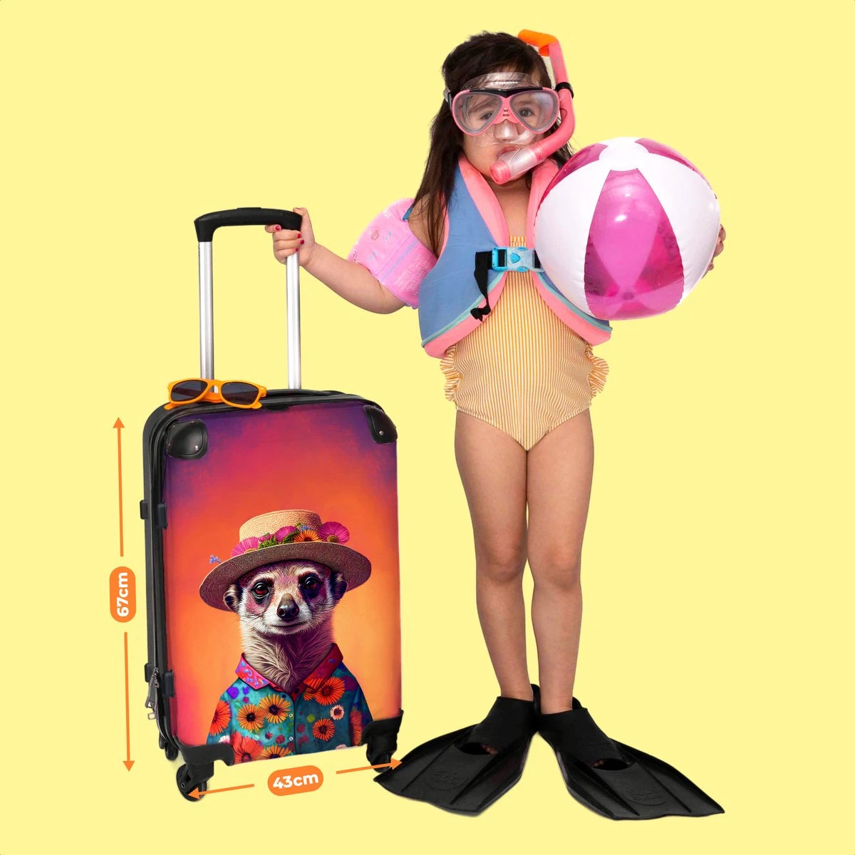 NoBoringSuitcases.com® Koffer Groot - Meerkat - Bloemen - Hoed - Dieren - Portret - Trolley Koffer Met TSA-slot - Met Wielen - 90 Liter - Reiskoffer - 66 Cm - Afbeelding 6