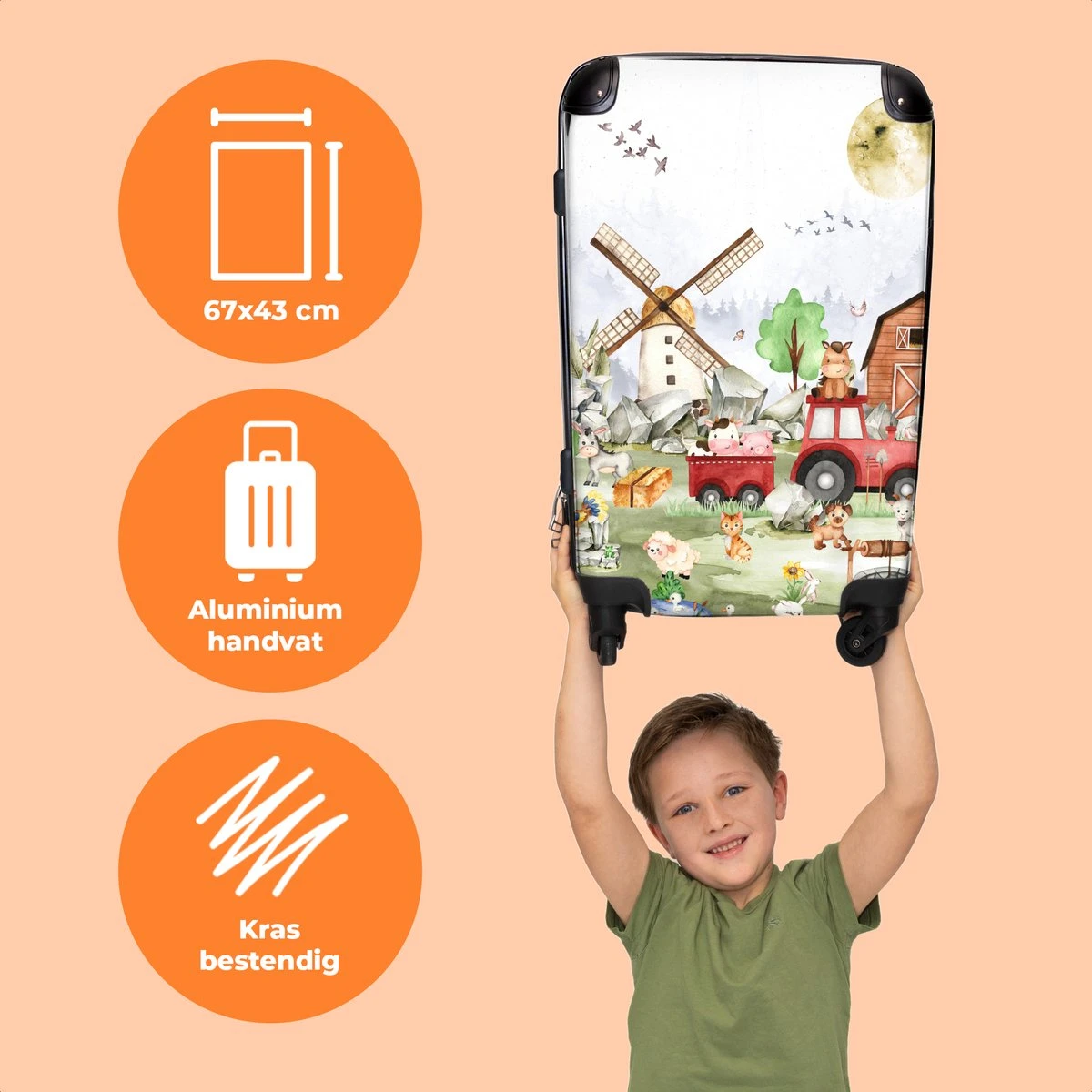 NoBoringSuitcases.com® Koffer Groot - Boerderij - Dieren - Trekker - Jongens - Trolley Koffer Met TSA-slot - Met Wielen - 90 Liter - Reiskoffer - 66 Cm - Afbeelding 3