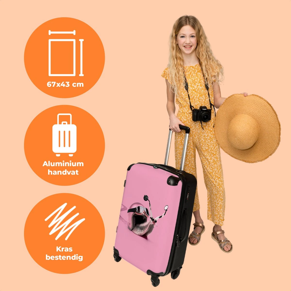 NoBoringSuitcases.com® Koffer Groot - Slak - Roze - Meisjes - Racen - Trolley Koffer Met TSA-slot - Met Wielen - 90 Liter - Reiskoffer - 66 Cm - Afbeelding 3