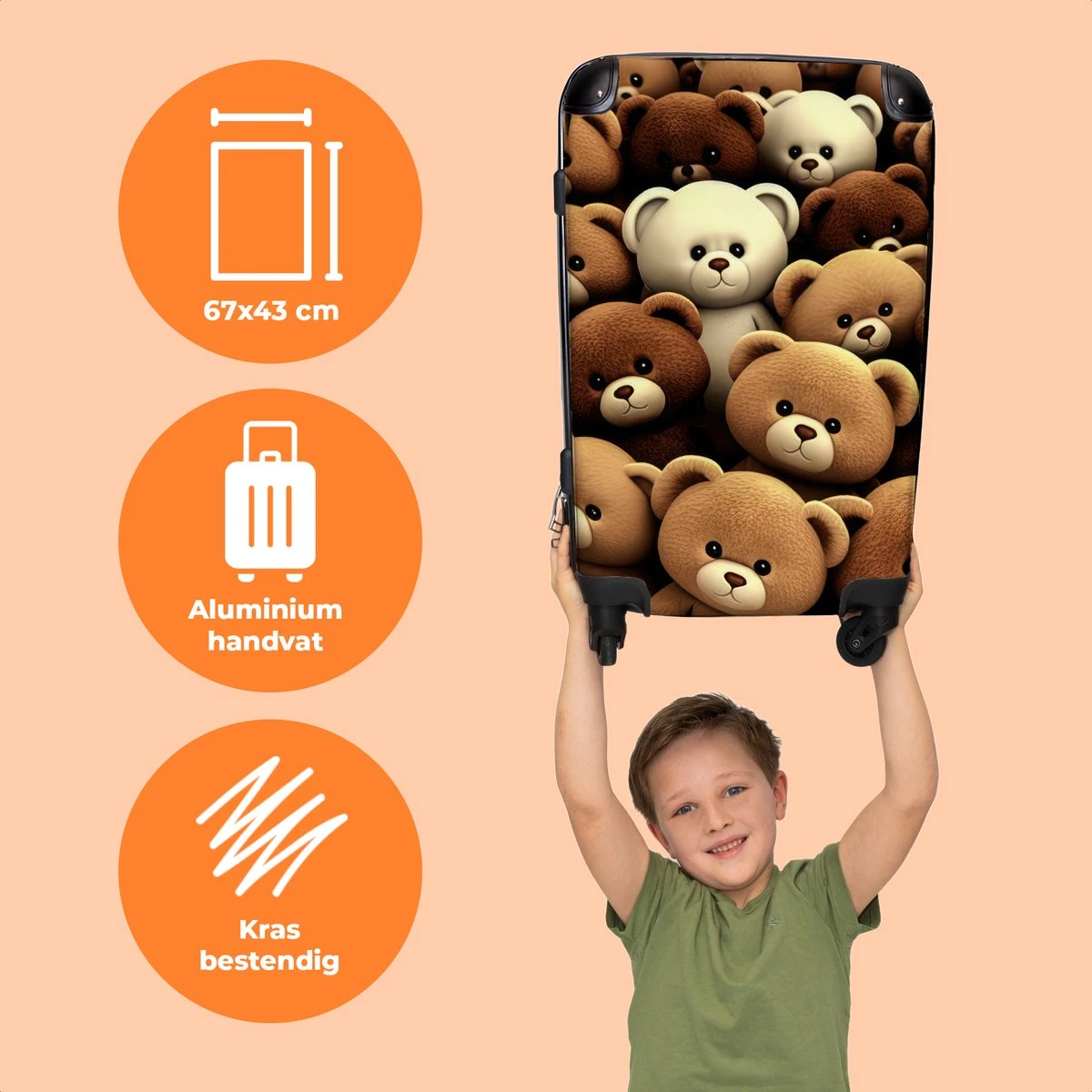 NoBoringSuitcases.com® Koffer Groot - Teddybeer - Knuffel - Bruin - Beer - Trolley Koffer Met TSA-slot - Met Wielen - 90 Liter - Reiskoffer - 66 Cm - Afbeelding 3