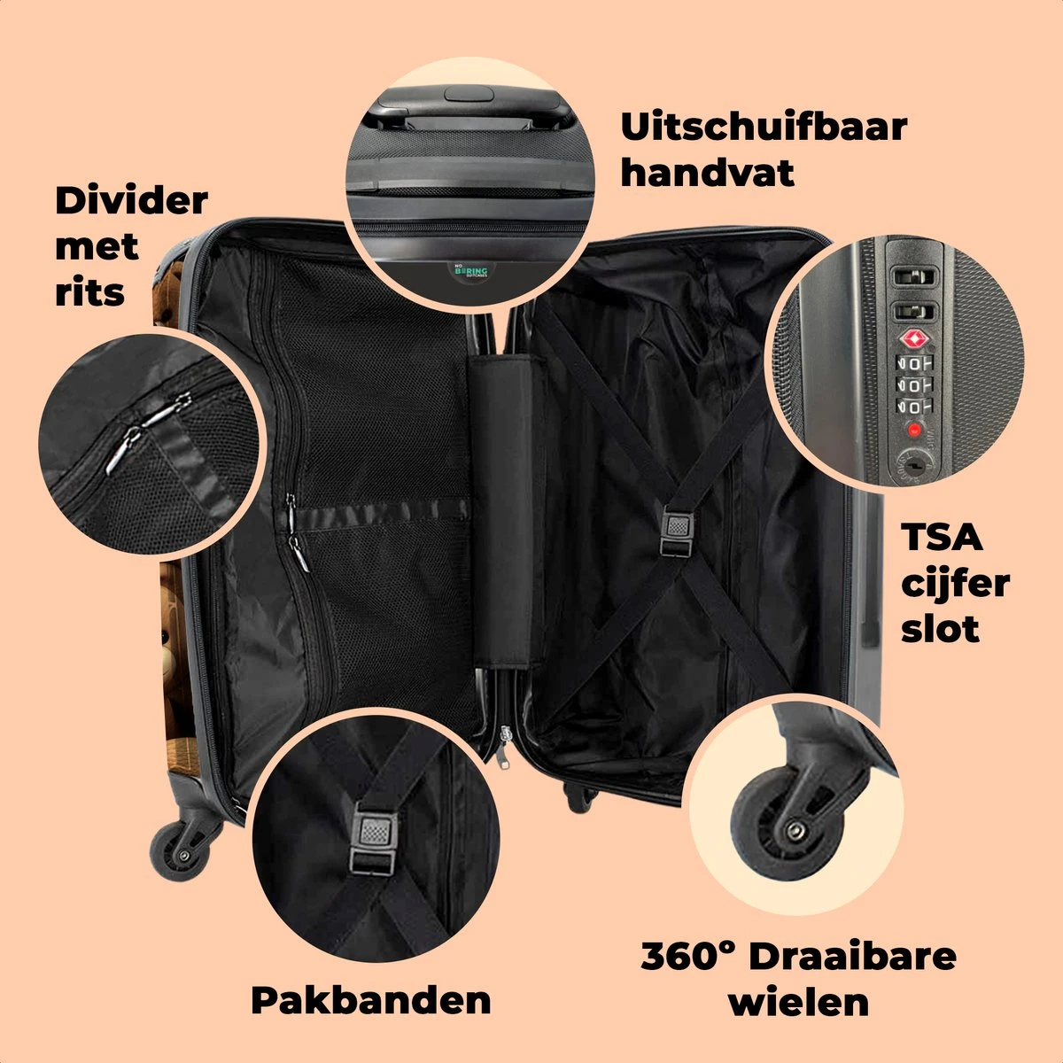 NoBoringSuitcases.com® Koffer Groot - Teddybeer - Knuffel - Bruin - Beer - Trolley Koffer Met TSA-slot - Met Wielen - 90 Liter - Reiskoffer - 66 Cm - Afbeelding 4