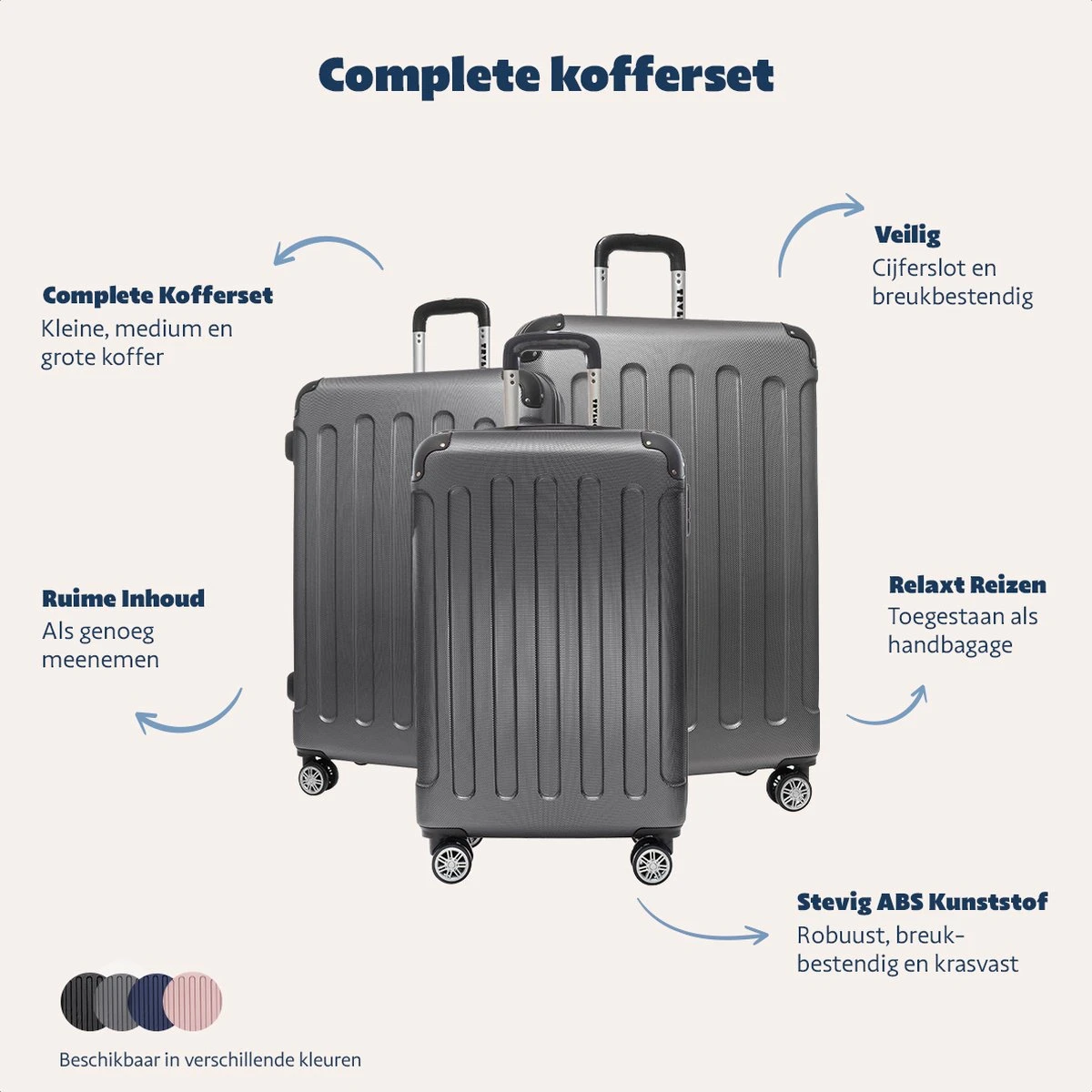 TRVLMORE Kofferset - 3 Delig - 38L (handbagage) + 70L + 110L - Donkergrijs - Afbeelding 5