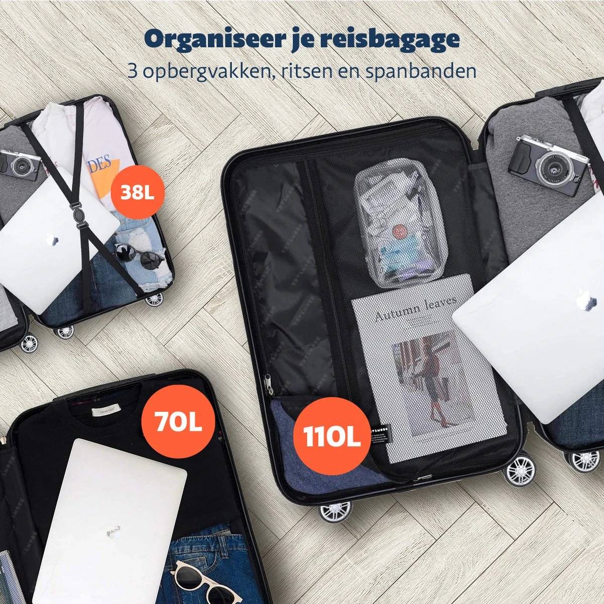TRVLMORE Kofferset - 3 Delig - 38L (handbagage) + 70L + 110L - Donkergrijs - Afbeelding 9