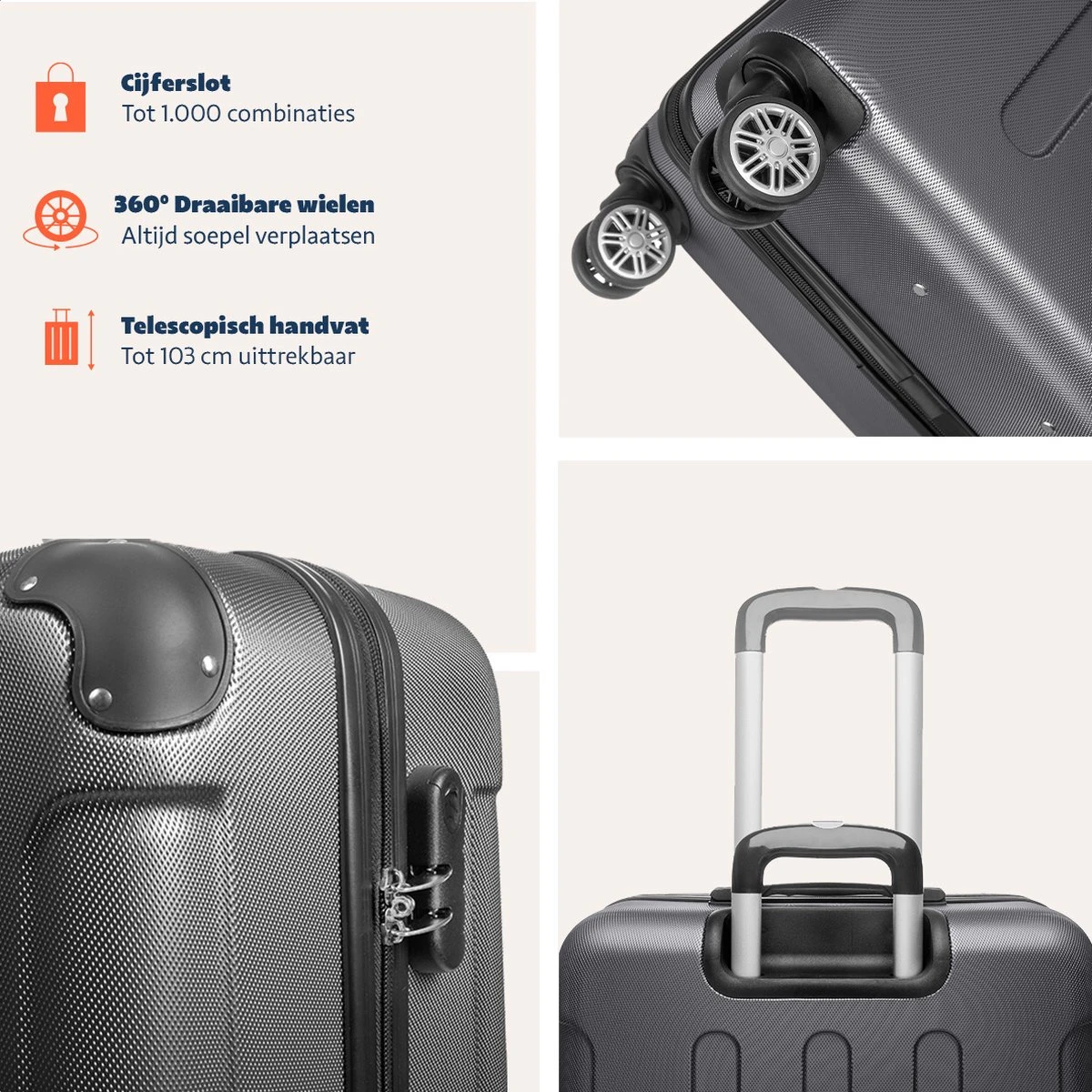 TRVLMORE Kofferset - 3 Delig - 38L (handbagage) + 70L + 110L - Donkergrijs - Afbeelding 10