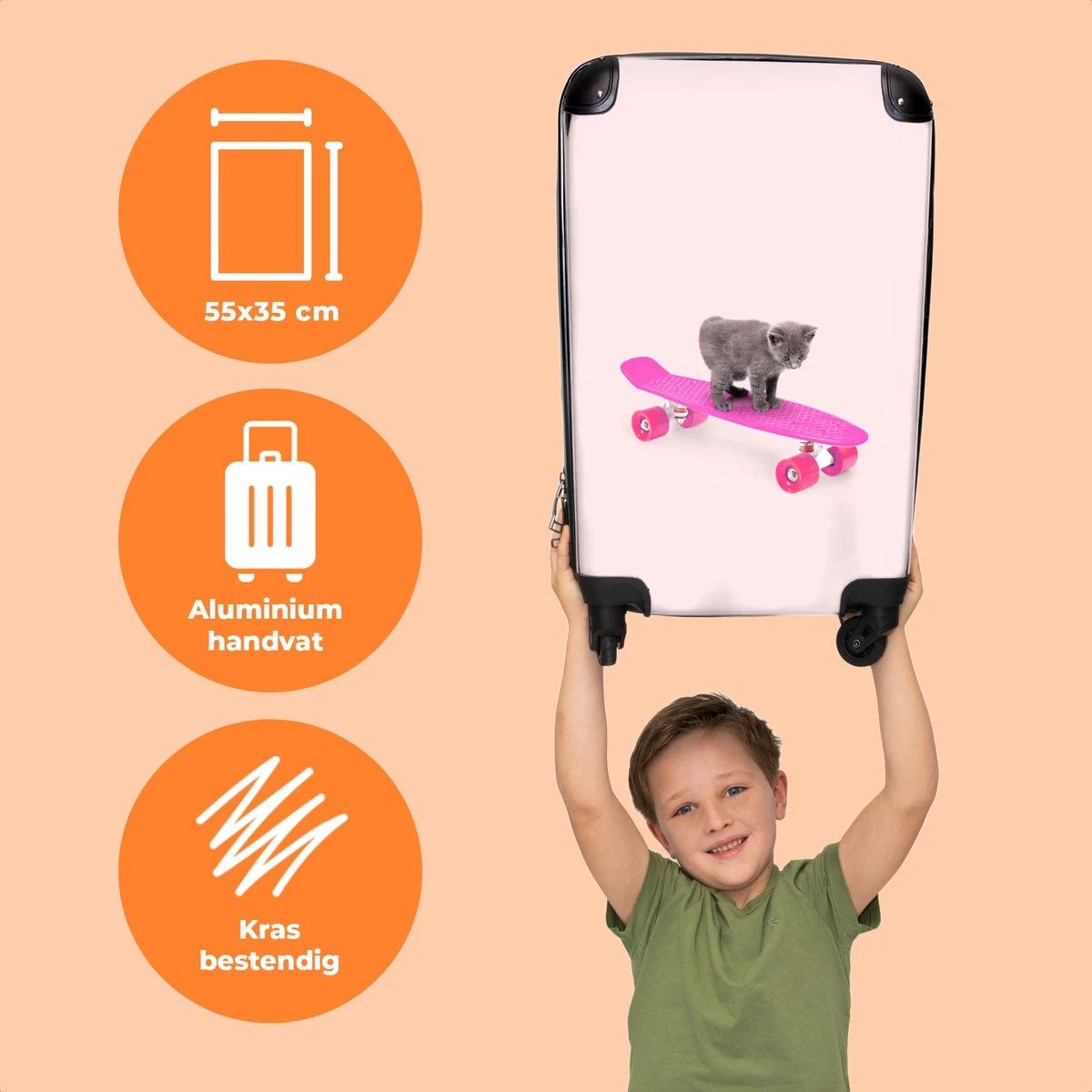 NoBoringSuitcases.com® Kinderkoffer - Handbagage Kinderen - Kitten - Skateboard - Roze - Meisjes - Kinderen - Trollet Op Wieltjes - Past Binnen 55x40x20 Cm En 55x35x25 Cm - Koffer Meisje - Afbeelding 3