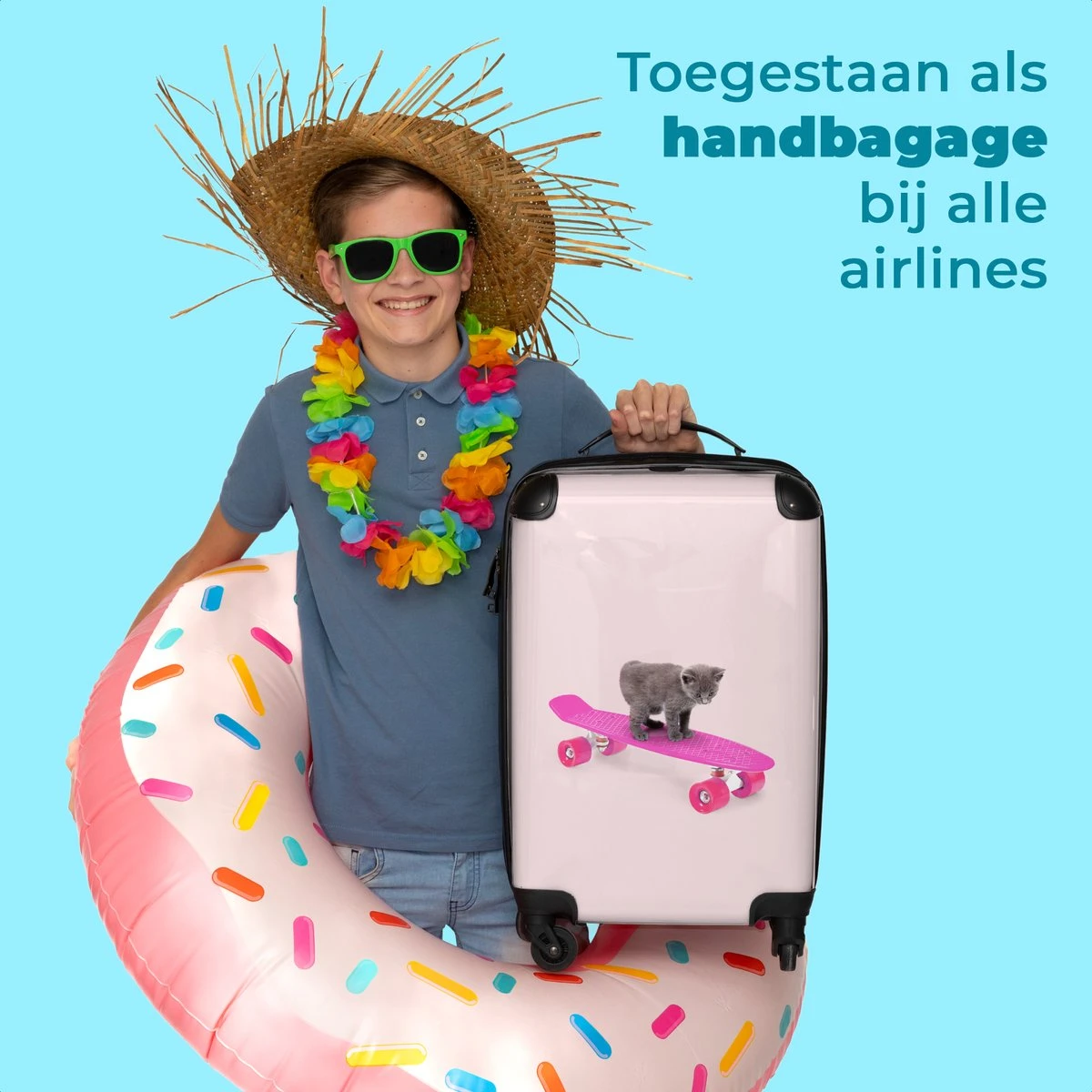 NoBoringSuitcases.com® Kinderkoffer - Handbagage Kinderen - Kitten - Skateboard - Roze - Meisjes - Kinderen - Trollet Op Wieltjes - Past Binnen 55x40x20 Cm En 55x35x25 Cm - Koffer Meisje - Afbeelding 5