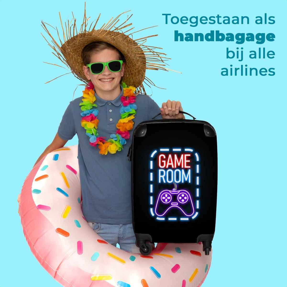 NoBoringSuitcases.com® Koffer - Trolley Op Wieltjes - Neon - Game Room - Tekst - Controller - Zwart - Reiskoffer - Past Binnen 55x40x20 Cm En 55x35x25 Cm - Koffertje - Trolley Handbagage - Afbeelding 5