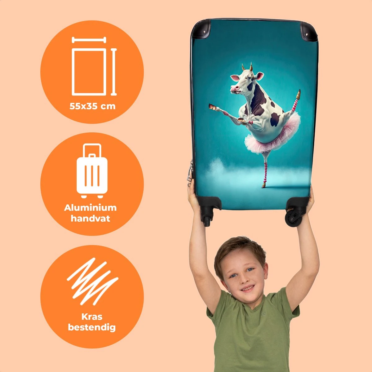 NoBoringSuitcases.com® Koffer - Koe - Ballet - Rok - Portret - Dieren - Trolley Op Wieltjes - Handbagagekoffer - Past Binnen 55x40x20 Cm En 55x35x25 Cm - Reiskoffer - Afbeelding 3