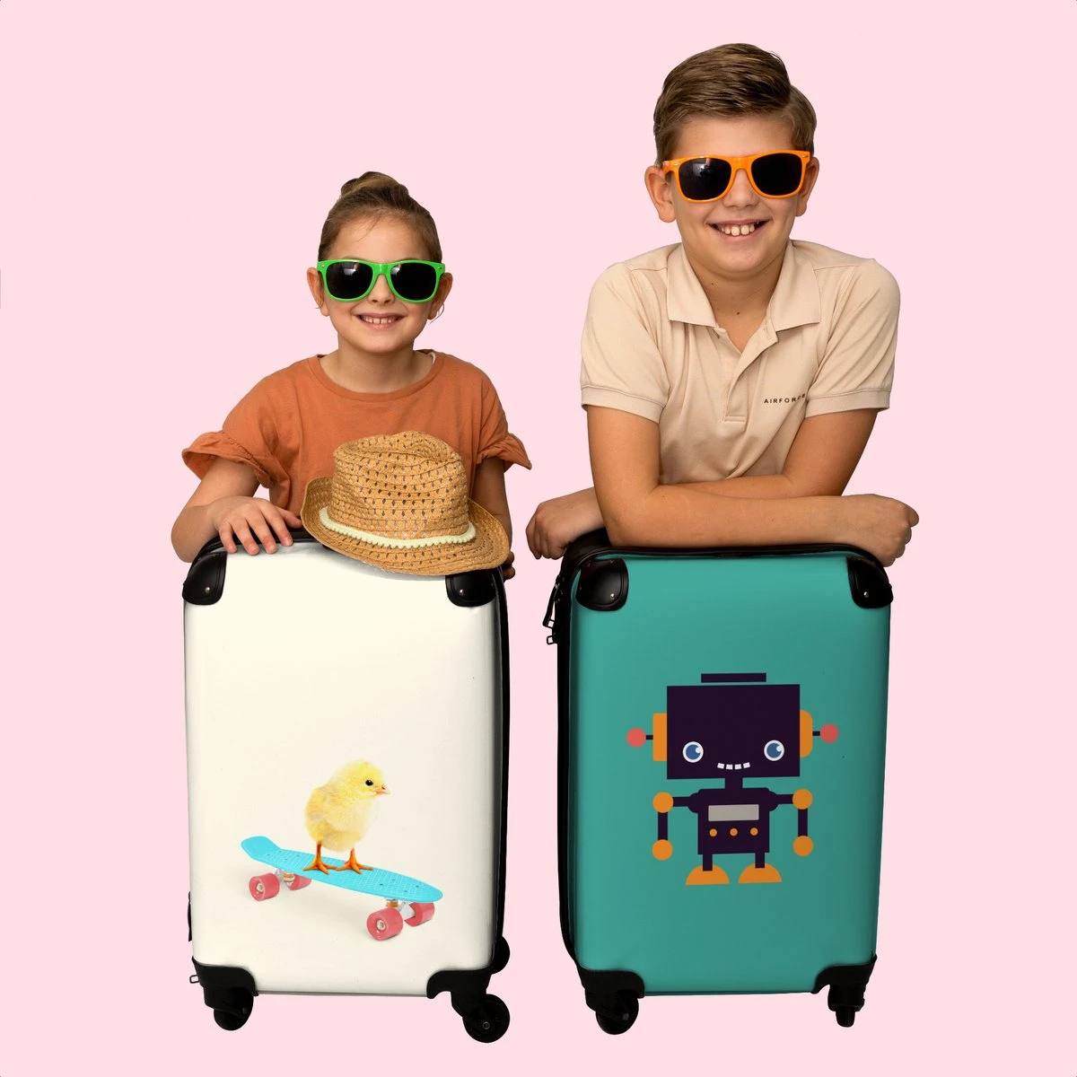 NoBoringSuitcases.com® Kinderkoffer - Trolley Op Wieltjes - Kuiken - Skateboard - Blauw - Kinderen - Dieren - Reiskoffer Kinderen - Past Binnen 55x40x20 Cm En 55x35x25 Cm - Fotokoffer - Afbeelding 7