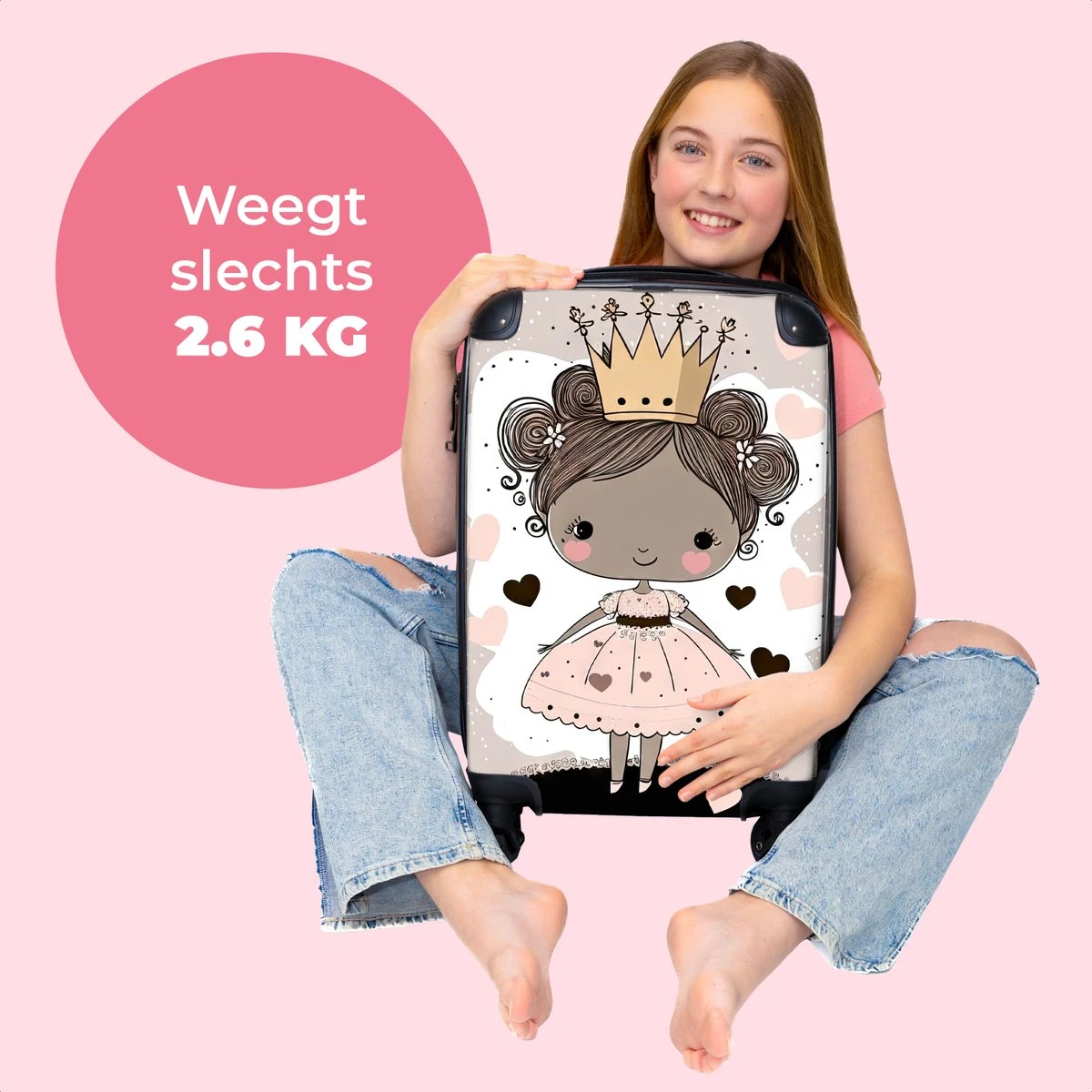 NoBoringSuitcases.com® Kinderkoffer - Trolley Op Wieltjes - Prinses - Hartjes - Kroon - Roze - Meisjes - Koffer Meisje - Past Binnen 55x40x20 Cm En 55x35x25 Cm - Reiskoffer - Fotokoffer - Afbeelding 2