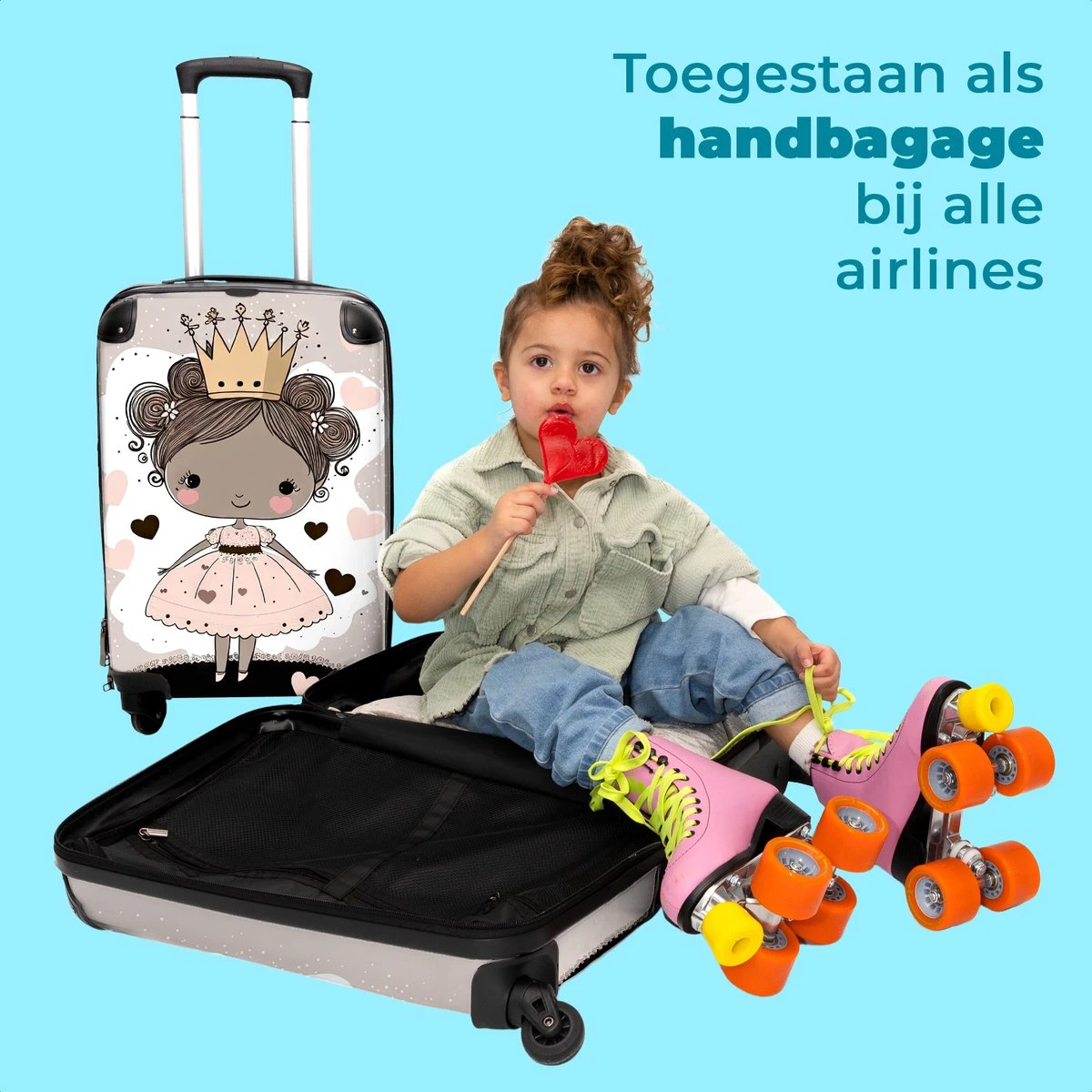 NoBoringSuitcases.com® Kinderkoffer - Trolley Op Wieltjes - Prinses - Hartjes - Kroon - Roze - Meisjes - Koffer Meisje - Past Binnen 55x40x20 Cm En 55x35x25 Cm - Reiskoffer - Fotokoffer - Afbeelding 5