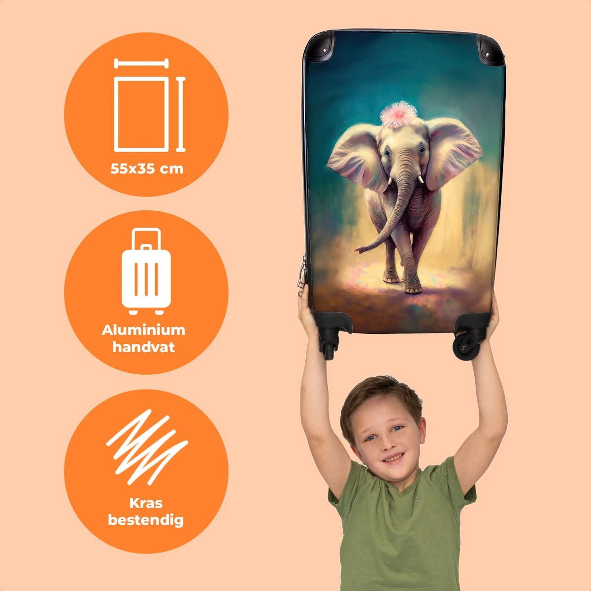 NoBoringSuitcases.com® Koffer - Handbagage Trolley - Olifant - Verf - Bloemen - Portret - Abstract - Reiskoffer Met Wielen - Past Binnen 55x40x20 Cm En 55x35x25 Cm - Koffertje - Fotokoffer - Afbeelding 3